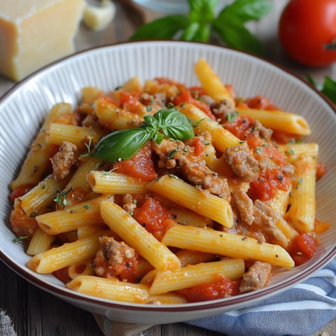 Penne con tomate e prosciutto.