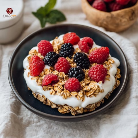 Un piatto di frullato con frutta e granola.