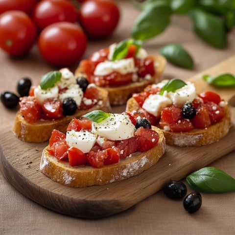 Piatti di bruschetta con pomodori e basilico.
