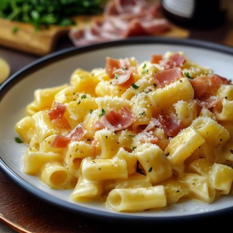 Penne con salmone e prosciutto.
