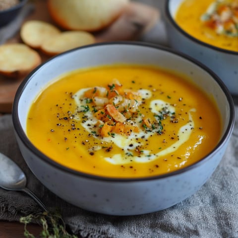 Una tazza di zuppa con crostini e formaggio.