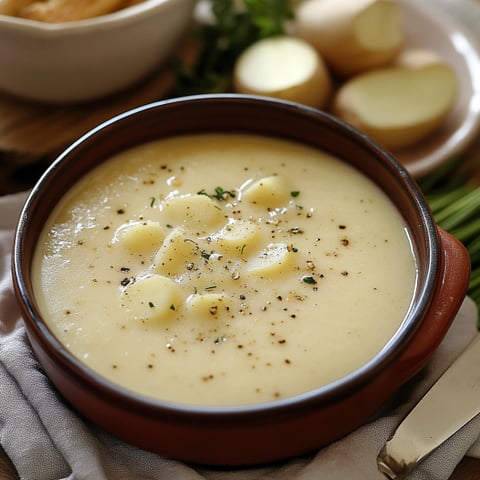 Una ciotola di crema di patate con patate croccanti e erbe.