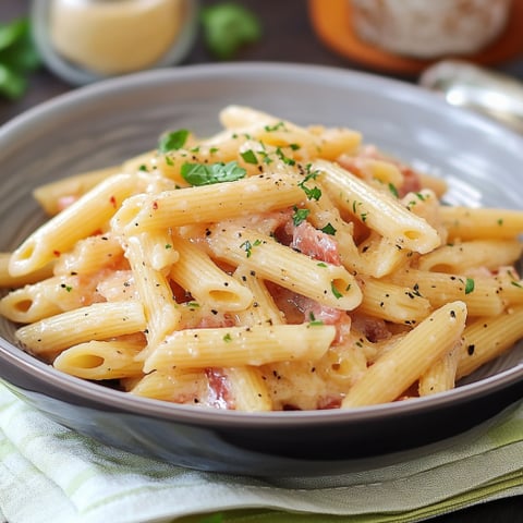 Penne con verdure e prosciutto.