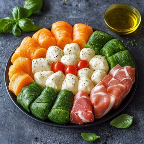 Piatti di verdure e prosciutto in un piatto.