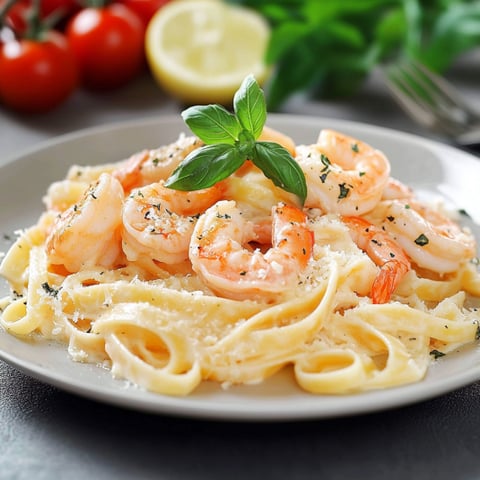 Penne con gamberi e basilico.