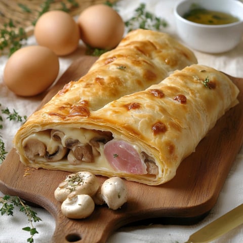 Un pane di formaggio con mushroom e prosciutto.