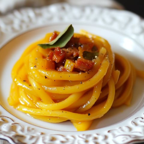 Una porzione di spaghetti con sugo di pomodoro e verdure.