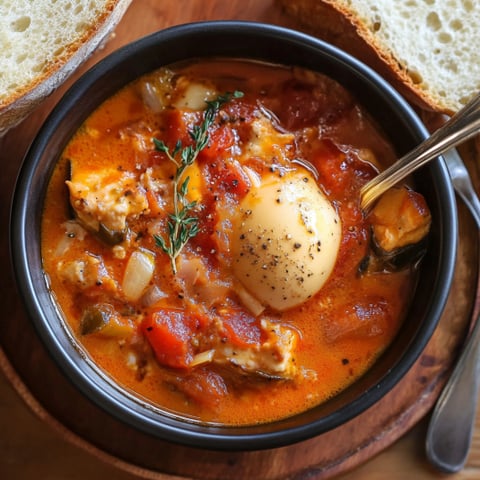 Una ciotola di minestrone con un uovo in mezzo.