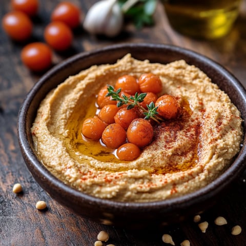 Una ciotola di hummus con pomodori e semi di sesamo.