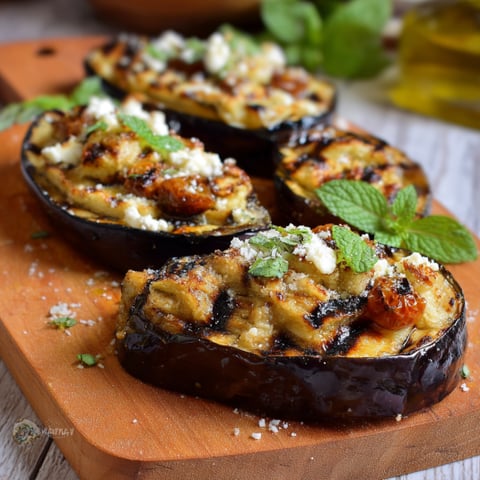 Quattro porzioni di melanzane con erbe e formaggio.