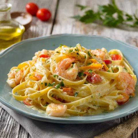 Pasta con frullato di pomodoro e crostini di gamberi.