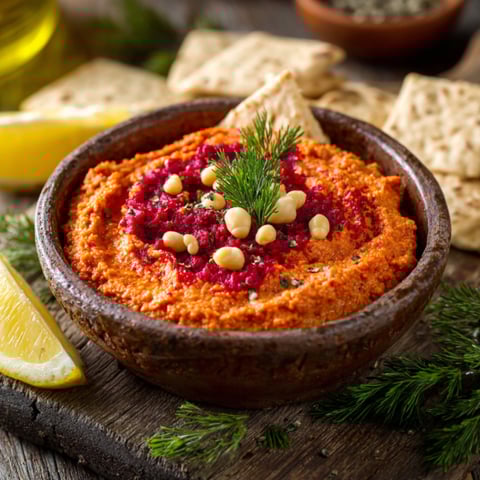 Una tazza di hummus con paneer e limoni.