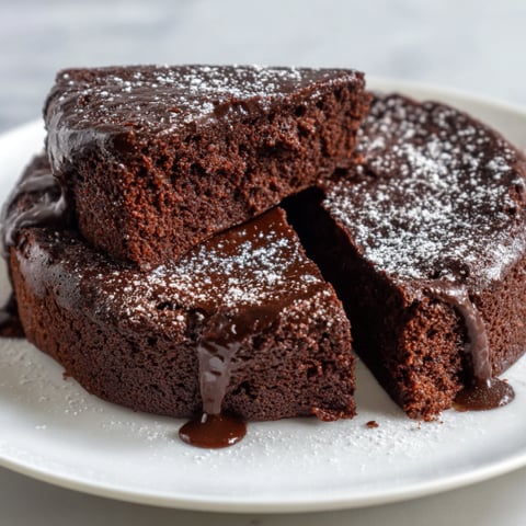 Un piatto con tre pezzi di cake dolce e ricco, coperto di polvere di zucchero.