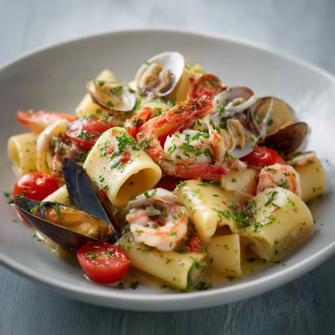 Piatti di pesce con pasta e pomodori.