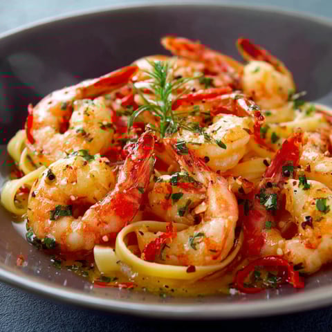 Shrimp e pasta in un piatto.
