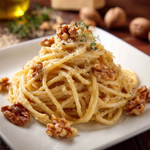 Penne con noci e speck.