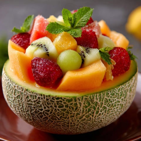 Una tazza di frutta con mirtilli, kiwi, melone, arancia, mela e fragole.