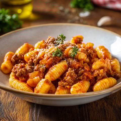 Una ciotola di pasta con sugo di carne e verdure.