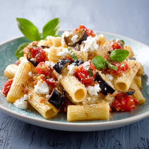 Penne con pomodoro, basilico e olive.
