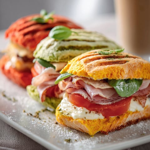 Un'immagine di un panino con ingredienti vari, come pomodoro, salame, avocado e lattuga.
