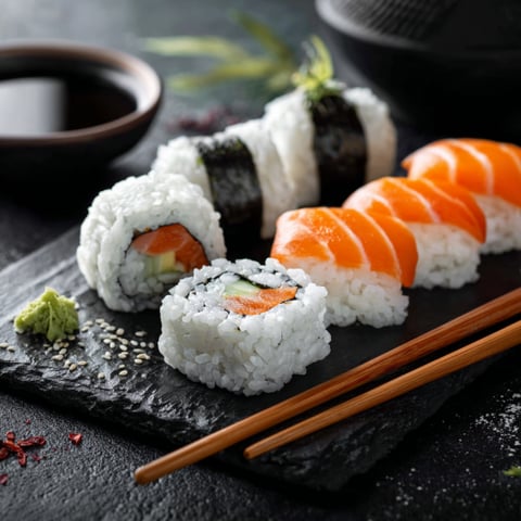 Sushi con bamboo e soia.