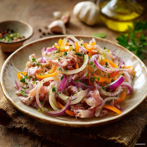 Una tavolata con un piatto di carne e verdure.