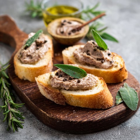 Quattro pezzi di pane con crema e foglie di basilico.