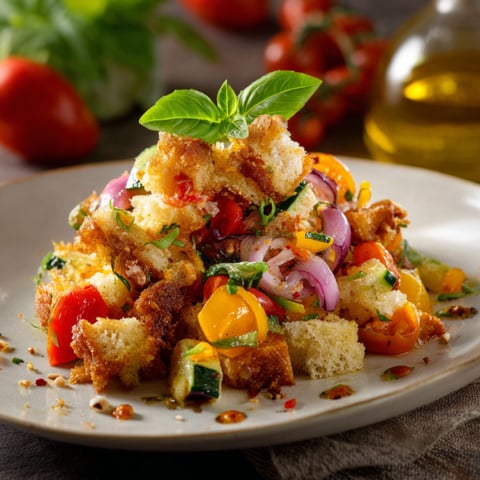 Una tavolata con un piatto di cibo, che contiene cake, pomodori, peperoni, e basilico.