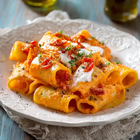 Piatti di pasta con salsa bianca e peperoncini.
