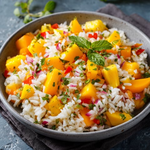 Riso con frutta e erbe.