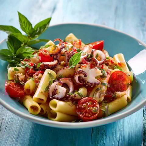 Una tavolata con un piatto di pasta con tomate e spinaci.