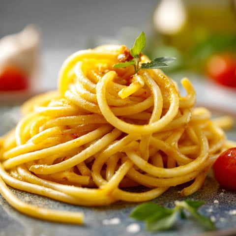 Spaghetti con sugo di pomodoro e basilico.