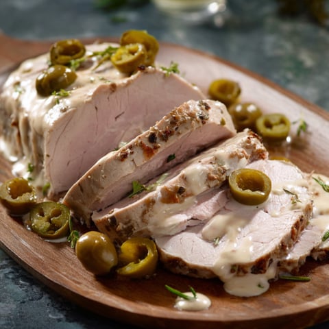 Una fetta di carne con olive e peperoncini.