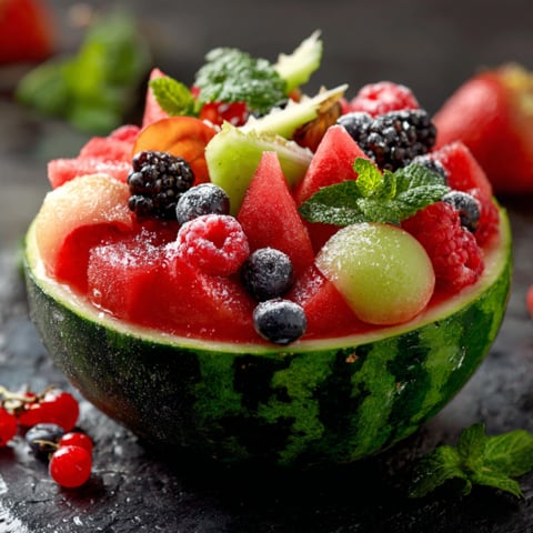 Una tazza di frutta con mirtilli, arance, melone, fragole e kiwi.