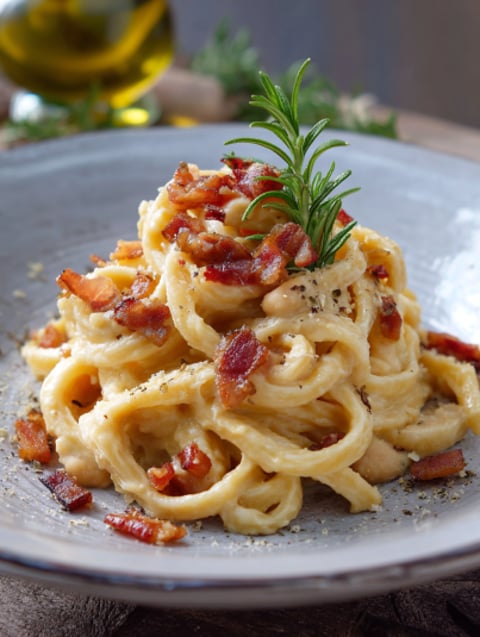 Penne con prosciutto e basilico.