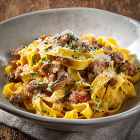 Pasta con mushroom e prosciutto.