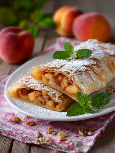 Piatti con frutta e dolce.