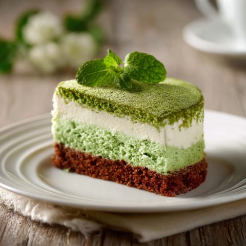 Una fetta di cake verde con foglie di menta.