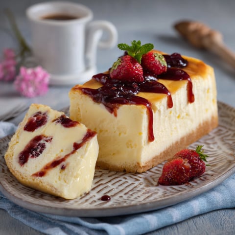 Un piatto con un dolce a base di crema e frullato di strawberry.