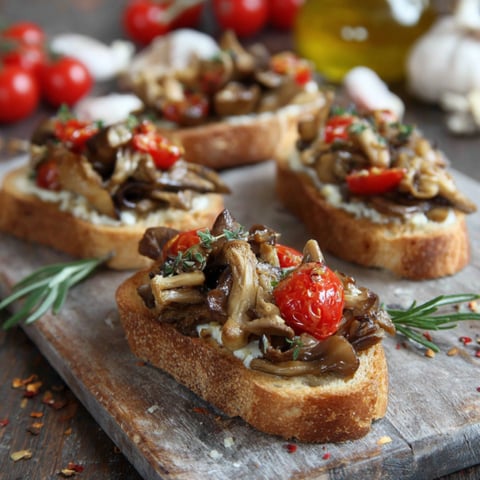 Quattro tosti con funghi e pomodori.