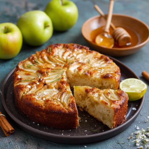 Una tavolata con un dolce a base di frutta e miele.