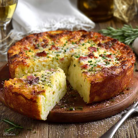 Une torta de cavolfiore est servie sur un plateau avec une fourchette et une tasse de vin.