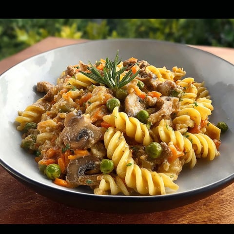 Un plat de fusilloni alla boscaiola avec des carottes, des pommes de terre et des champignons.