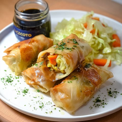 Un plat de involtini primavera vegetariani con funghetti sur un plateau de bois.