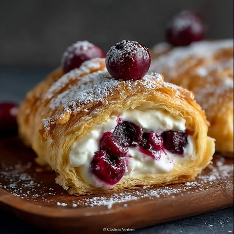 Un délicieux rotolo di sfoglia goloso con crema panna, mascarpone e ciliegie, délicieusement présenté sur un plateau.