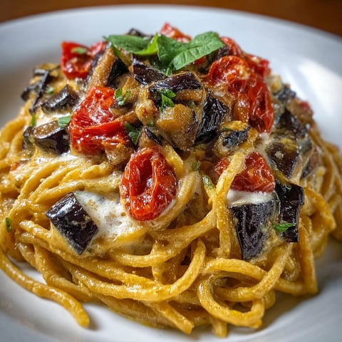 Une plate de spaghetti con crema di melanzane e pomodorini, avec des tomates et des herbes sur les noodles.