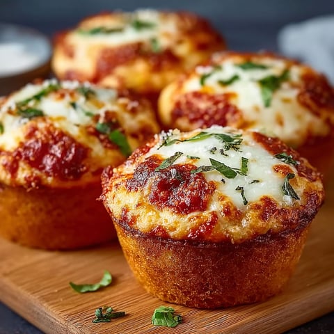 Muffin pizza con mozzarella, four mini pizzas on a wooden board.
