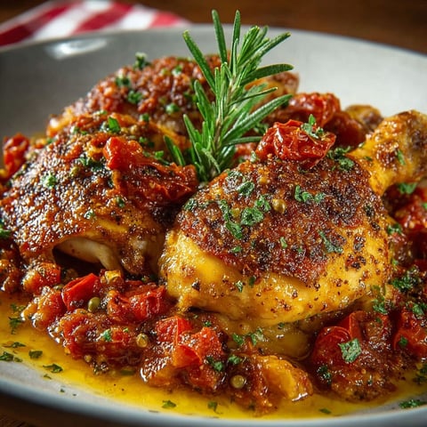Une recette de Pollo alla umbra, avec des légumes et des herbes, est servie sur un plateau.