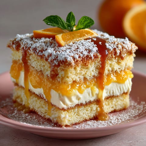 Une torta soffice alla crema d'arancia, garnie d'une feuille de menthe, est servie sur un plateau rose.