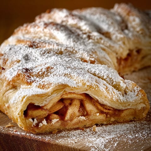 Une portion de strudel de miel sur une planche de bois.